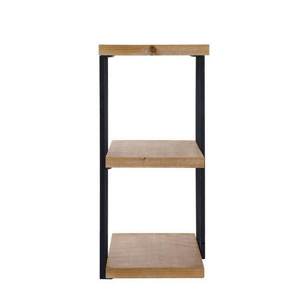 Benjara 35 Inch 3 Tier Decorative Display Shelves, Black Iron, Fir Wood, Brown