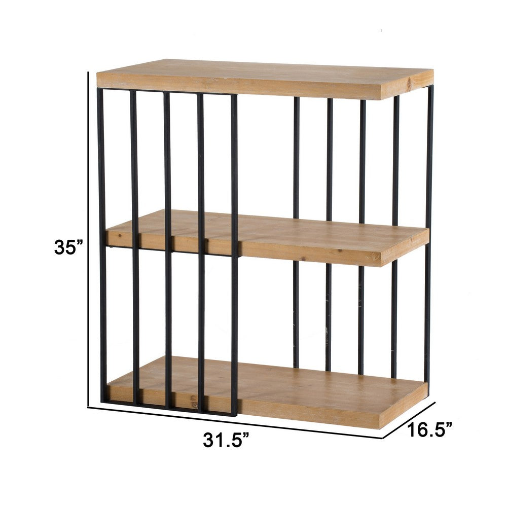 Benjara 35 Inch 3 Tier Decorative Display Shelves, Black Iron, Fir Wood, Brown