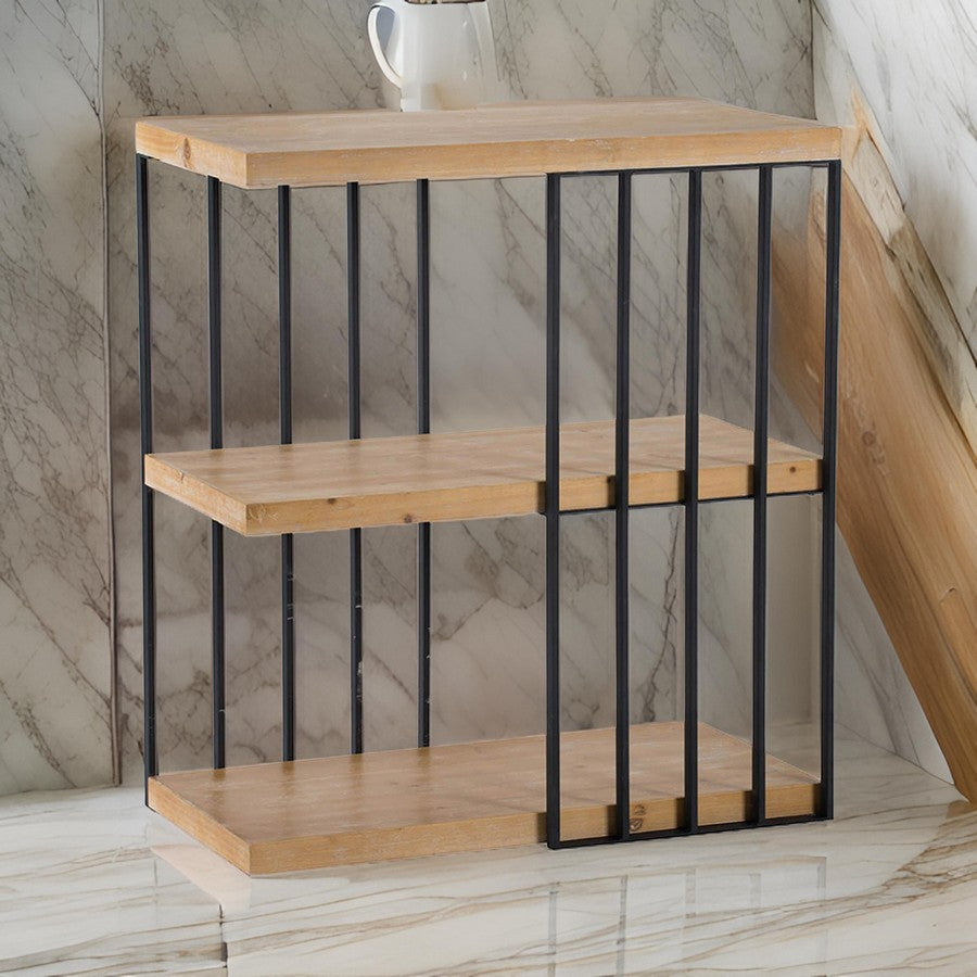 Benjara 35 Inch 3 Tier Decorative Display Shelves, Black Iron, Fir Wood, Brown