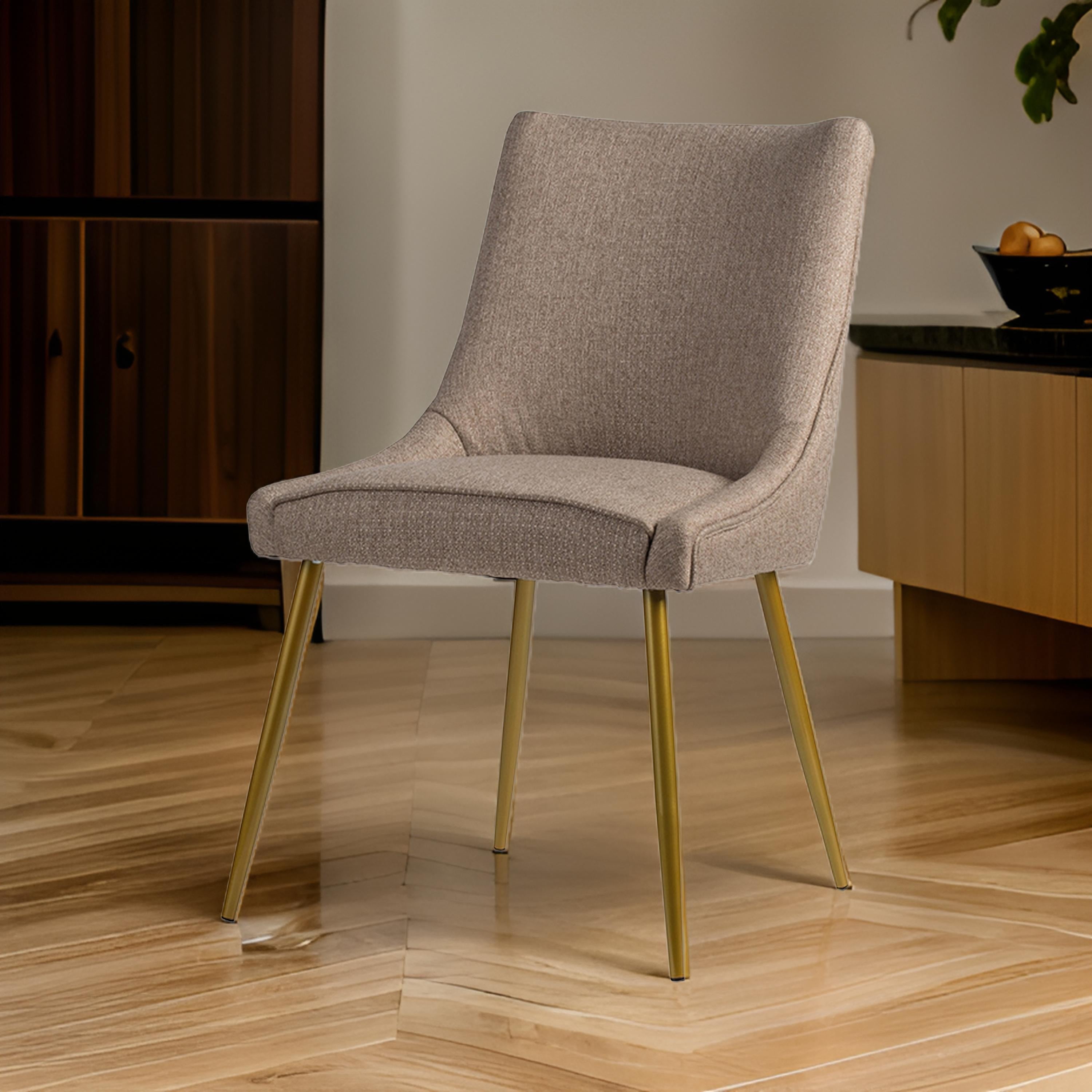 Benjara 26 Inch Dining Side Chair Set of 2, Gold Metal Legs, Soft Beige Upholstery