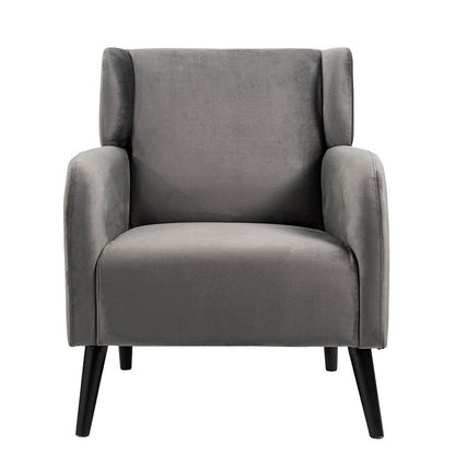 Benjara Kine 31 Inch Accent Armchair, Splayed Legs, Wood, Gray Fabric Upholstery