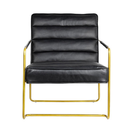 Benjara 30 Inch Accent Chair, Gold Iron Frame, Channel Tufted Black Faux Leather