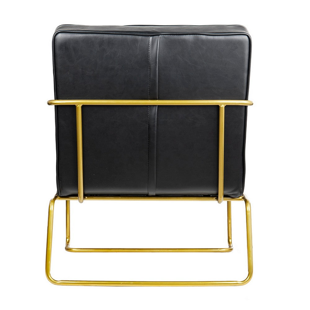 Benjara 30 Inch Accent Chair, Gold Iron Frame, Channel Tufted Black Faux Leather