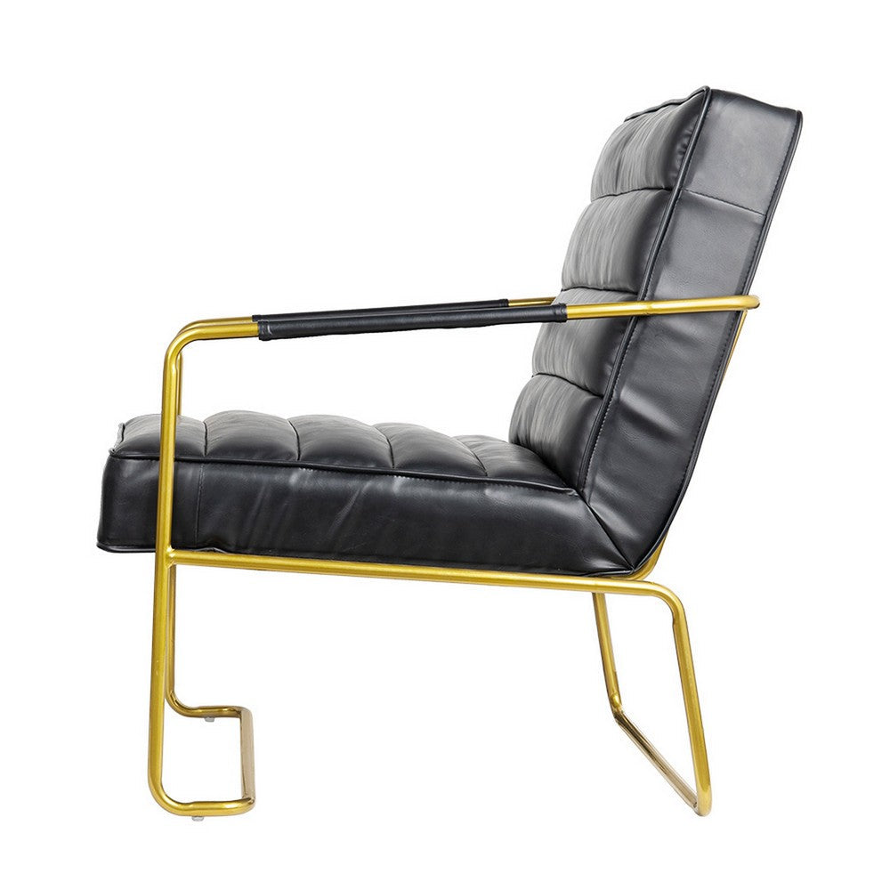 Benjara 30 Inch Accent Chair, Gold Iron Frame, Channel Tufted Black Faux Leather