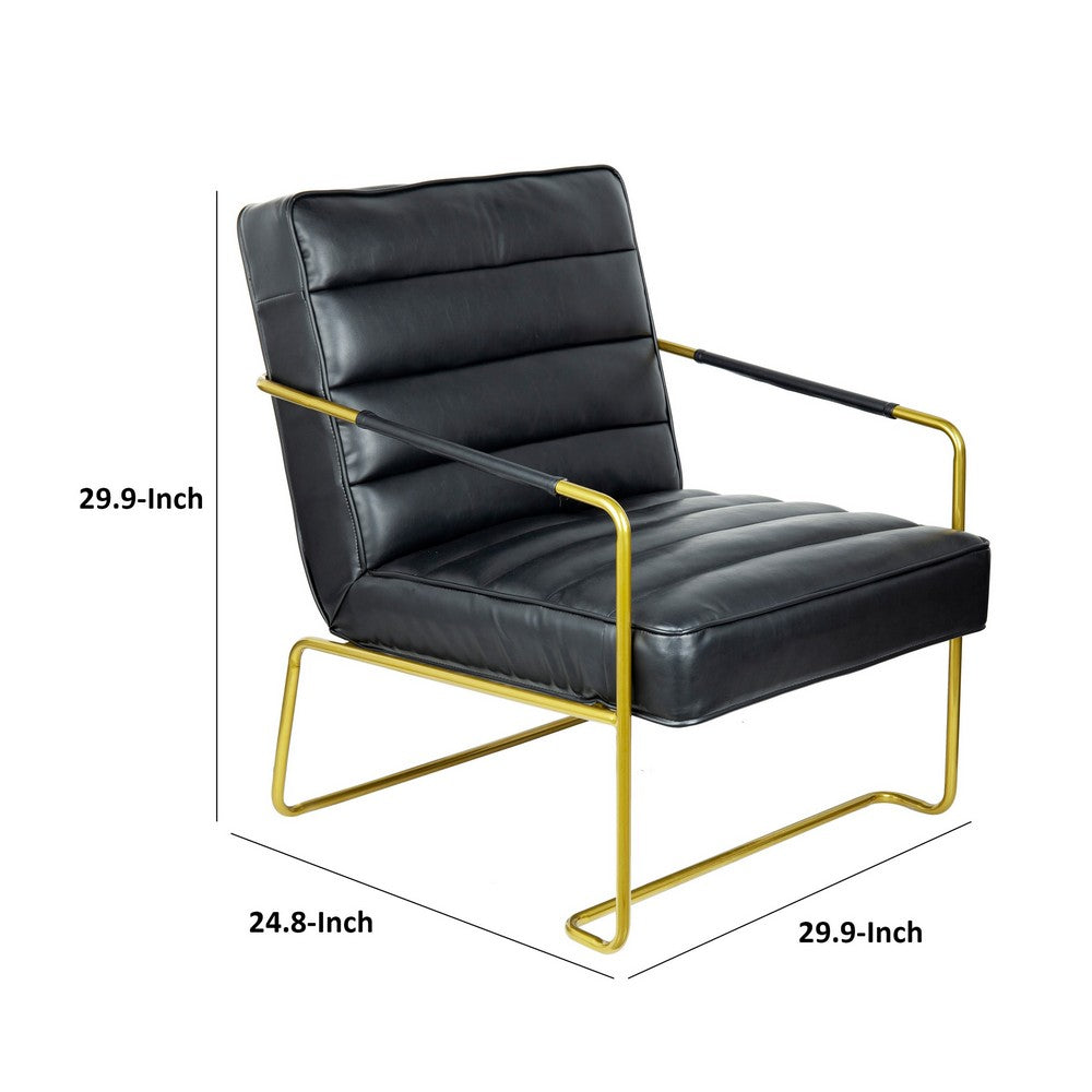 Benjara 30 Inch Accent Chair, Gold Iron Frame, Channel Tufted Black Faux Leather