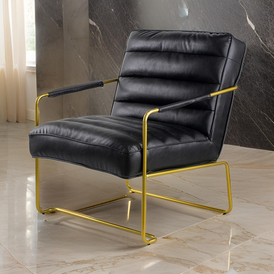 Benjara 30 Inch Accent Chair, Gold Iron Frame, Channel Tufted Black Faux Leather