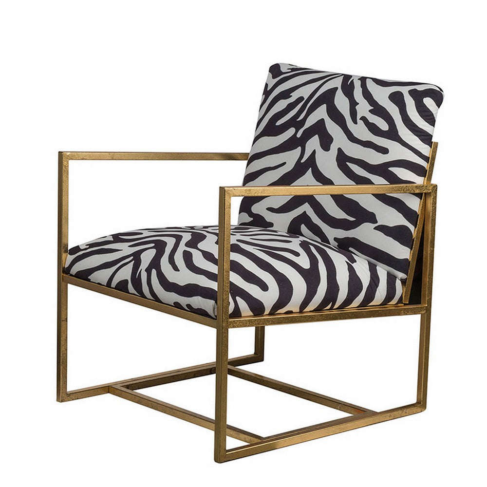 Benjara 27 Inch Accent Armchair with Zebra Print, Polyester Upholstery, Iron, Gold