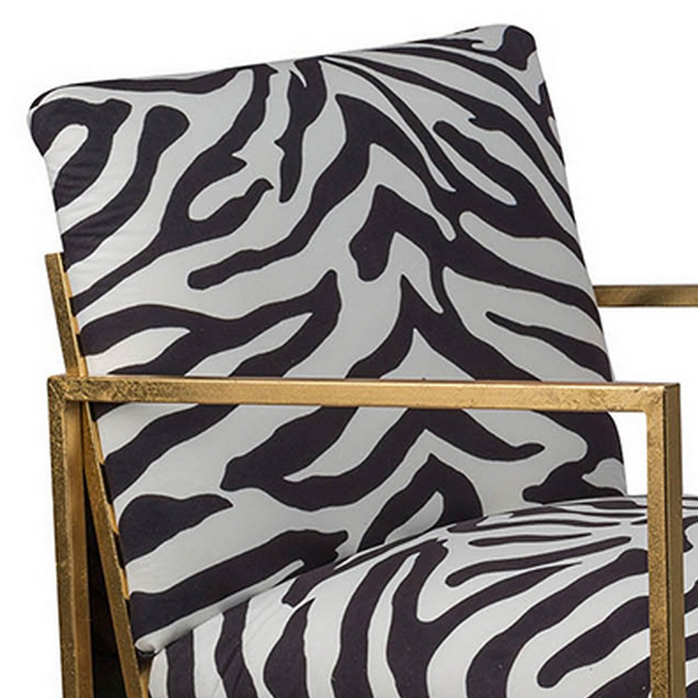 Benjara 27 Inch Accent Armchair with Zebra Print, Polyester Upholstery, Iron, Gold