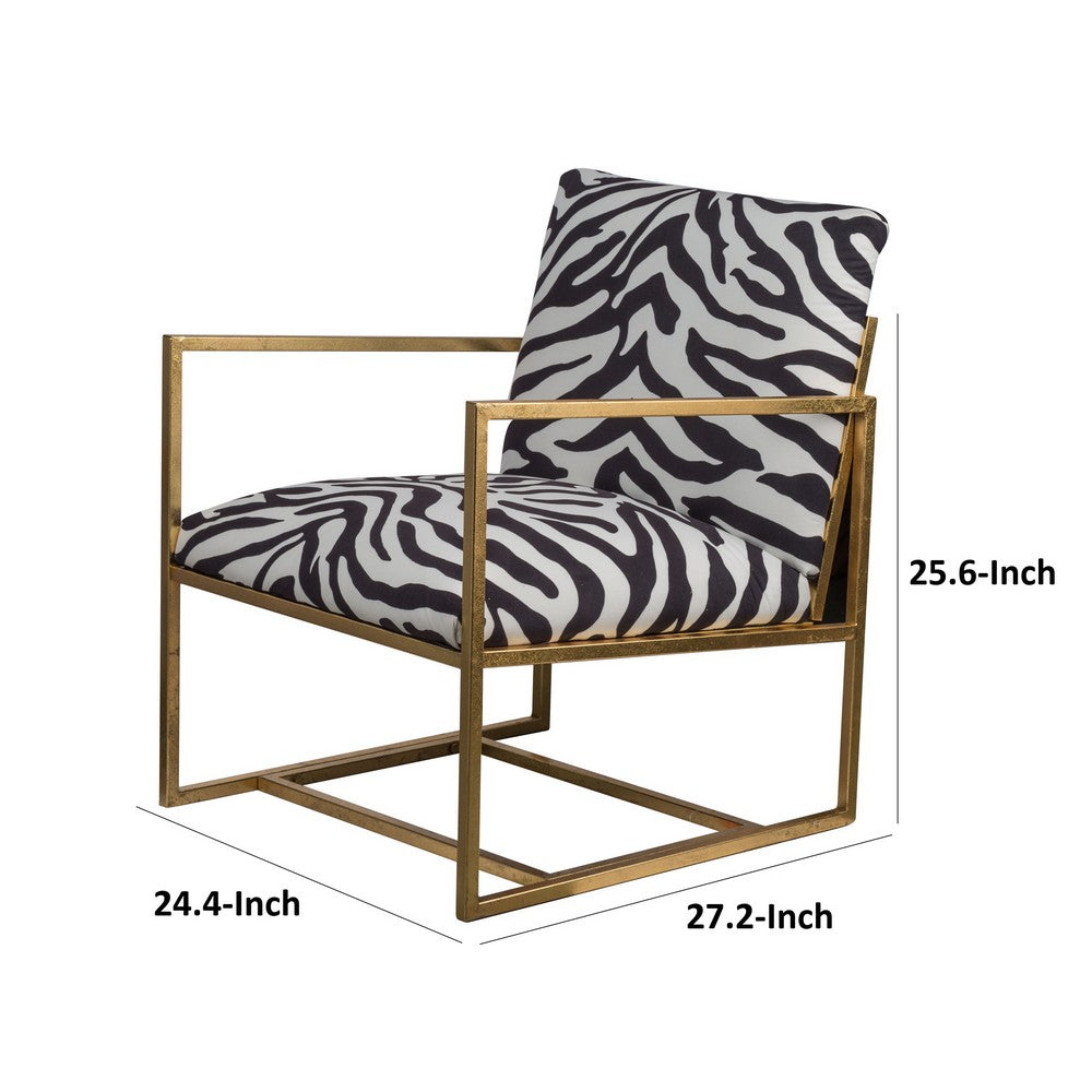 Benjara 27 Inch Accent Armchair with Zebra Print, Polyester Upholstery, Iron, Gold