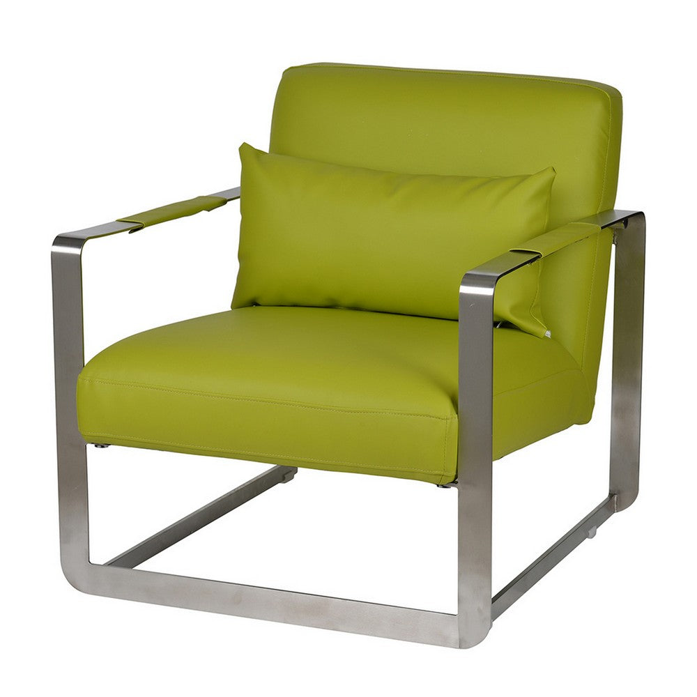 Benjara 29 Inch Accent Lounge Chair, Cushion, Stainless Steel, Green Faux Leather