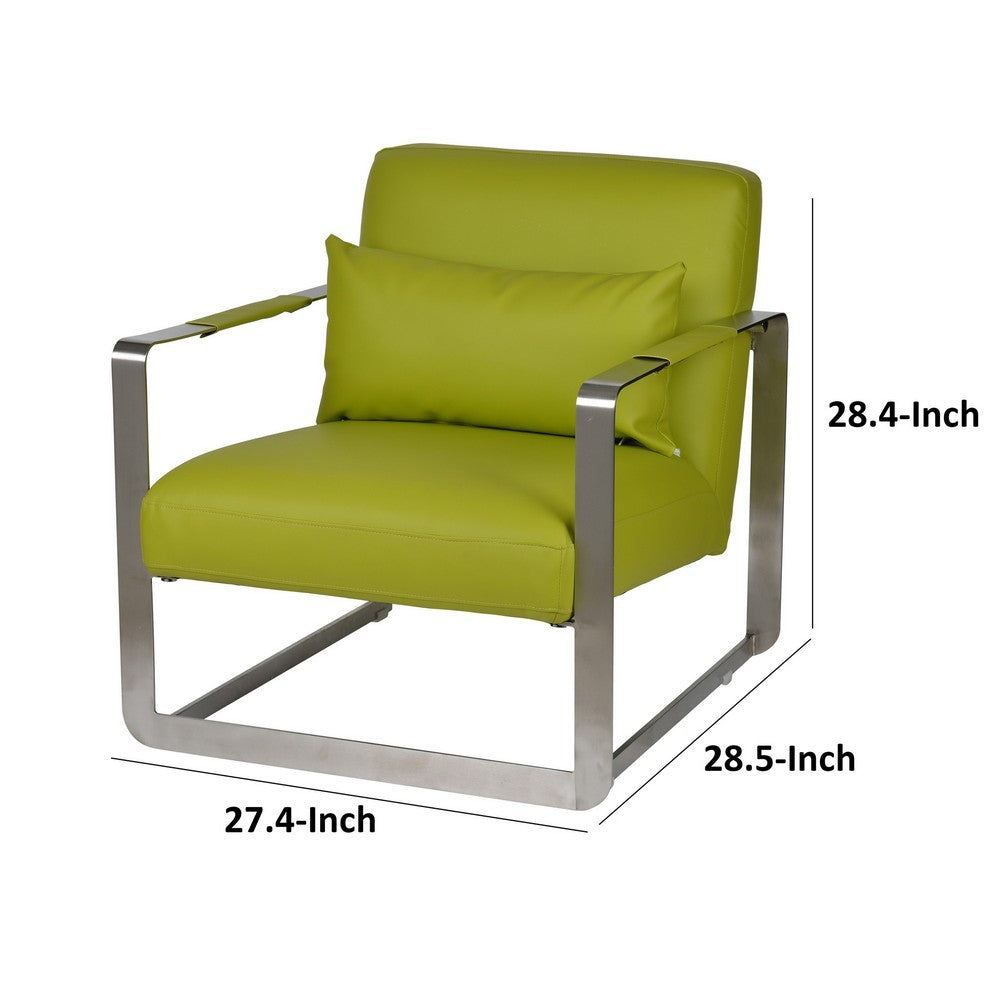Benjara 29 Inch Accent Lounge Chair, Cushion, Stainless Steel, Green Faux Leather