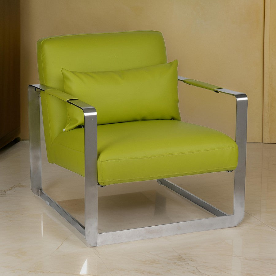 Benjara 29 Inch Accent Lounge Chair, Cushion, Stainless Steel, Green Faux Leather