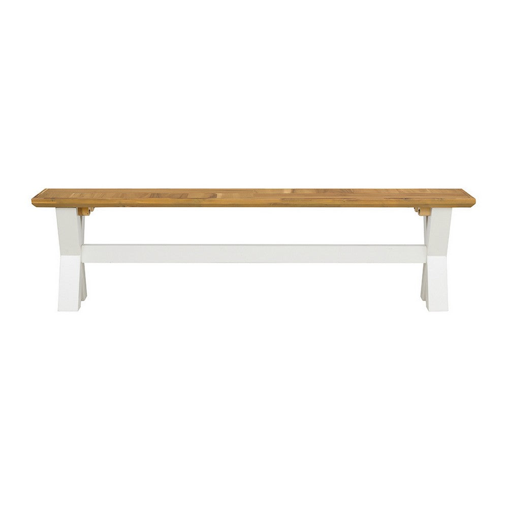 Benjara 70 Inch Dining Bench, White X Leg Trestle Base, Acacia Wood, Brown Seat