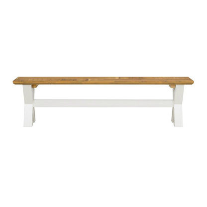 Benjara 70 Inch Dining Bench, White X Leg Trestle Base, Acacia Wood, Brown Seat