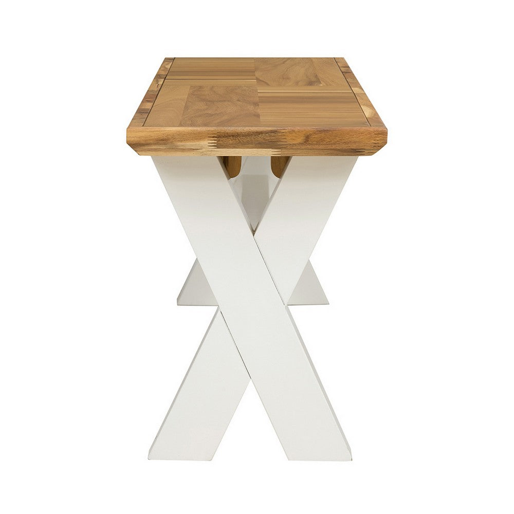 Benjara 70 Inch Dining Bench, White X Leg Trestle Base, Acacia Wood, Brown Seat