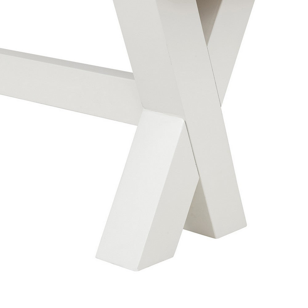 Benjara 70 Inch Dining Bench, White X Leg Trestle Base, Acacia Wood, Brown Seat