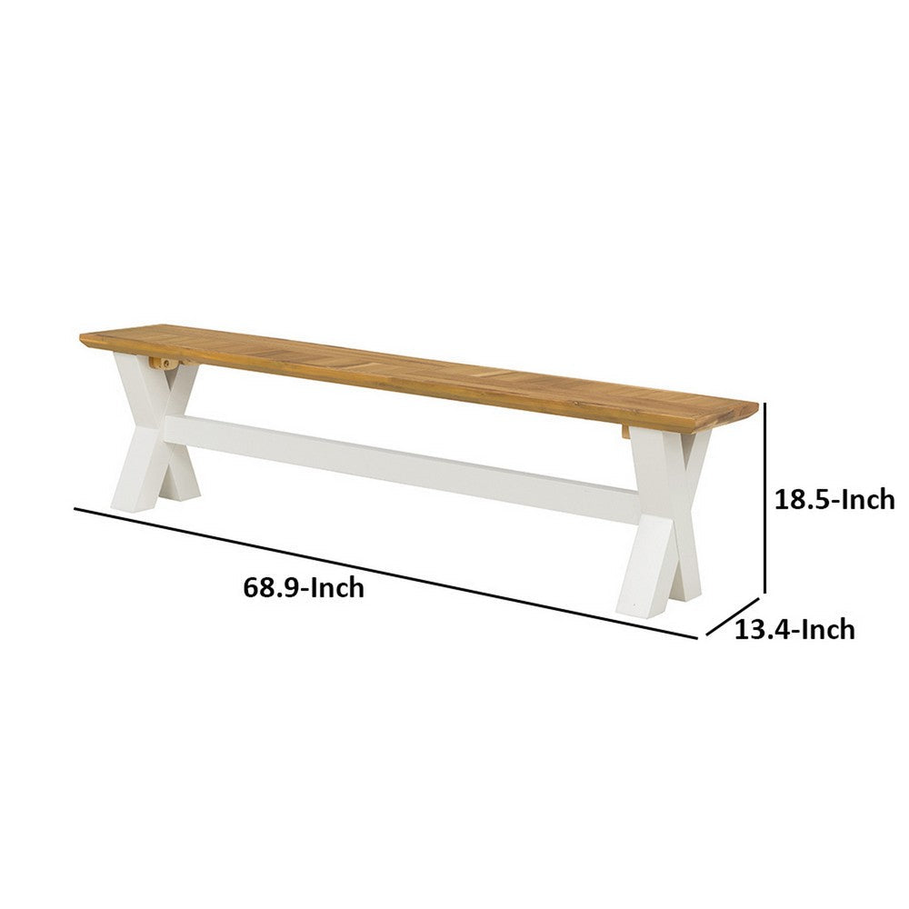 Benjara 70 Inch Dining Bench, White X Leg Trestle Base, Acacia Wood, Brown Seat