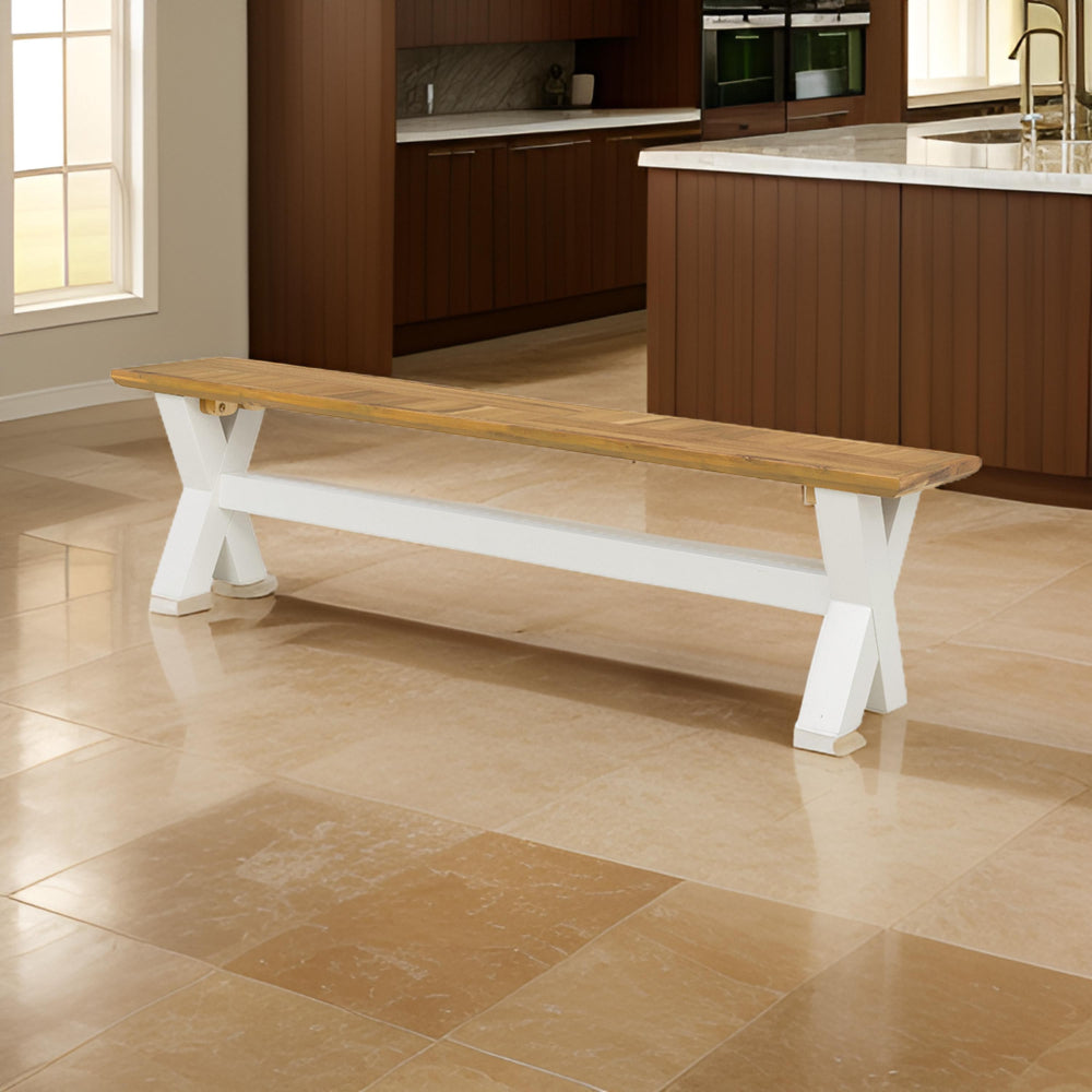 Benjara 70 Inch Dining Bench, White X Leg Trestle Base, Acacia Wood, Brown Seat