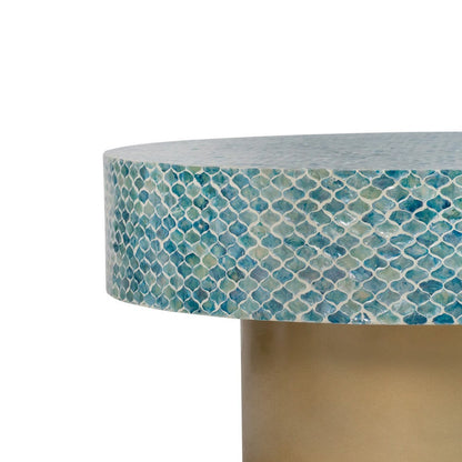 Benjara Piki 35 Inch Coffee Table, Round, Mughal Capiz Inlaid Pattern, Blue, Gold