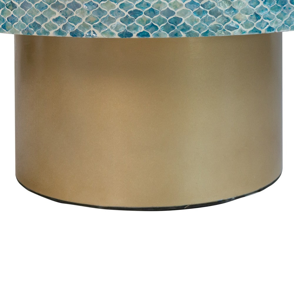 Benjara Piki 35 Inch Coffee Table, Round, Mughal Capiz Inlaid Pattern, Blue, Gold