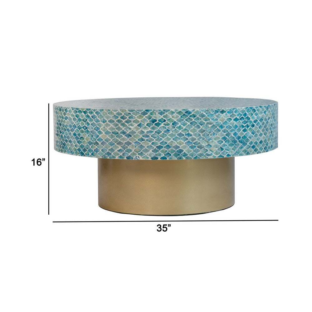 Benjara Piki 35 Inch Coffee Table, Round, Mughal Capiz Inlaid Pattern, Blue, Gold