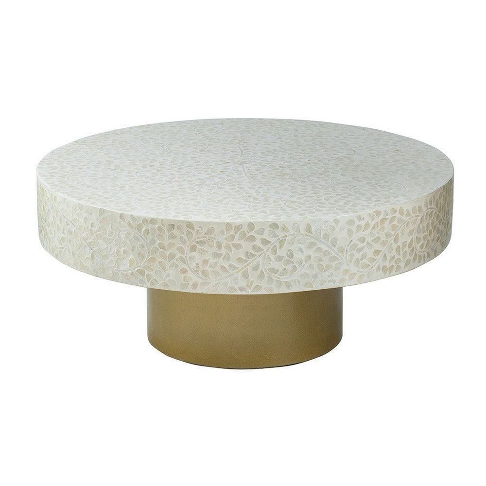 Benjara Piki 35 Inch Coffee Table, Mughal Capiz Inlaid Pattern, Cream, Gold