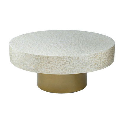 Benjara Piki 35 Inch Coffee Table, Mughal Capiz Inlaid Pattern, Cream, Gold