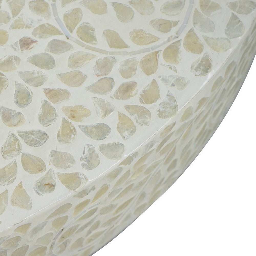 Benjara Piki 35 Inch Coffee Table, Mughal Capiz Inlaid Pattern, Cream, Gold