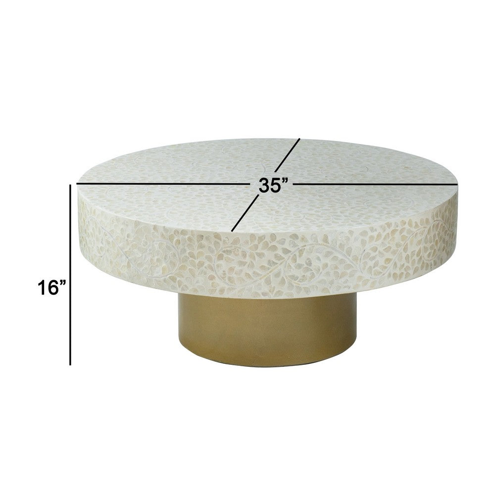 Benjara Piki 35 Inch Coffee Table, Mughal Capiz Inlaid Pattern, Cream, Gold