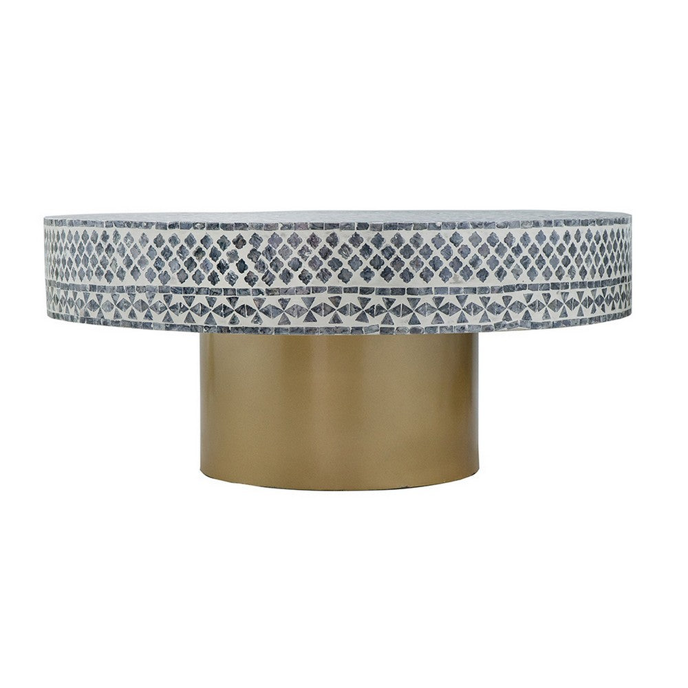 Benjara Piki 35 Inch Coffee Table, Mughal Capiz Inlaid Pattern, Gray, Gold