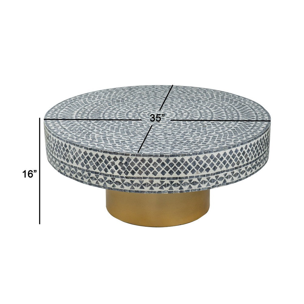Benjara Piki 35 Inch Coffee Table, Mughal Capiz Inlaid Pattern, Gray, Gold