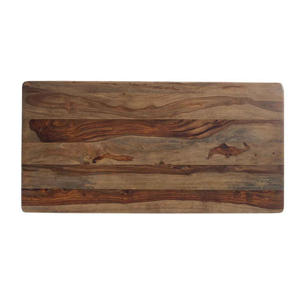 Benjara Dice 47 Inch Coffee Table, Rectangular Top, Dual Base, Brown Sheesham Wood
