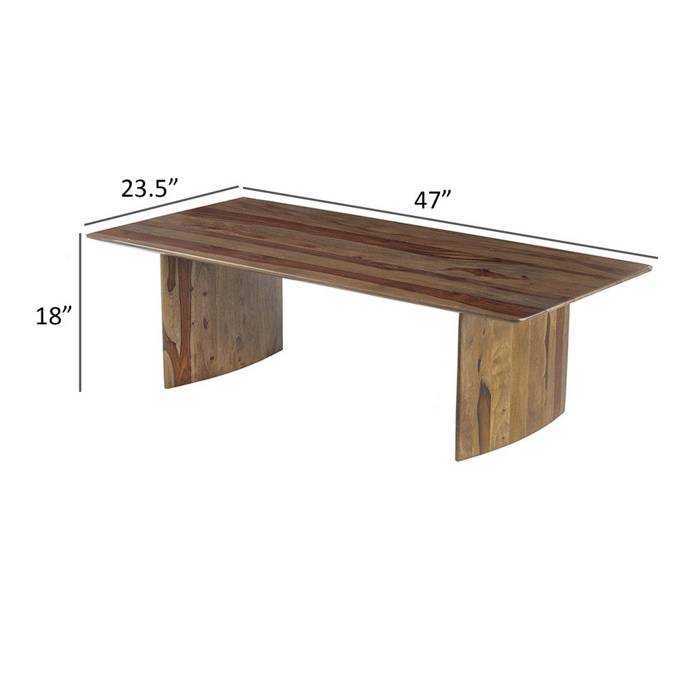 Benjara Dice 47 Inch Coffee Table, Rectangular Top, Dual Base, Brown Sheesham Wood