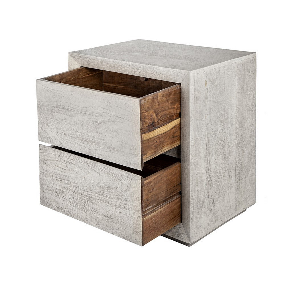Benjara Romo 24 Inch Nightstand with 2 Drawers, Square, Natural Cream Acacia Wood