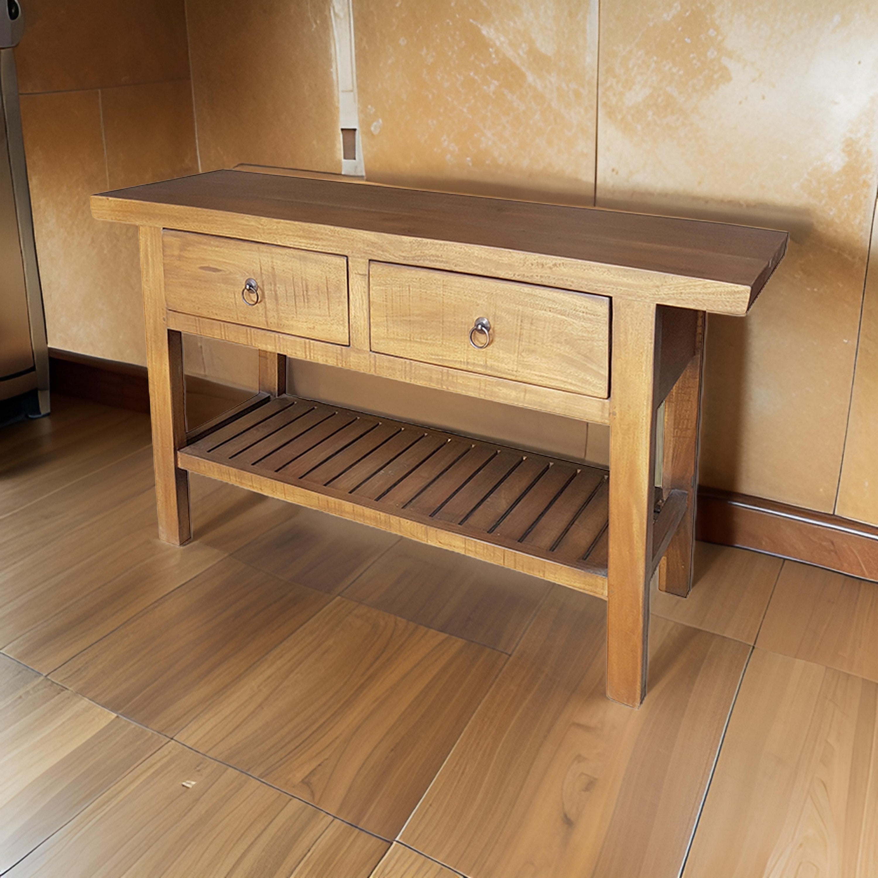 Benjara 47 Inch Console Table, 2 Drawers, Rectangular, Bottom Shelf, Wood, Brown