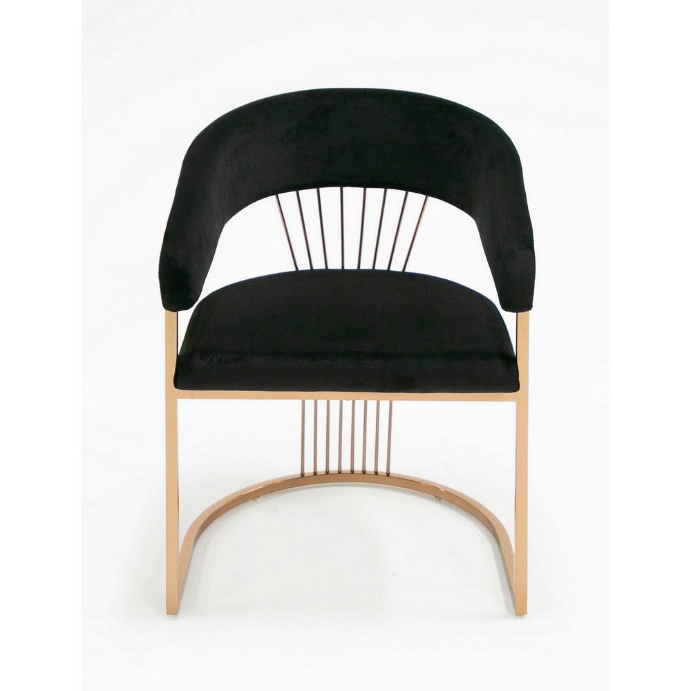 Benjara 25 Inch Rose Gold Dining Chair, Plush Cushion, Metal Legs, Black Velvet