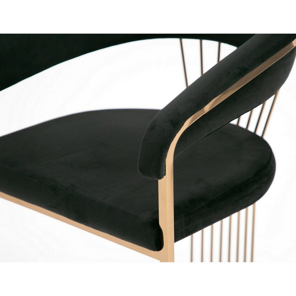 Benjara 25 Inch Rose Gold Dining Chair, Plush Cushion, Metal Legs, Black Velvet