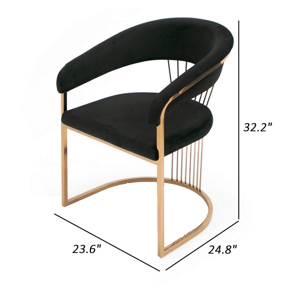 Benjara 25 Inch Rose Gold Dining Chair, Plush Cushion, Metal Legs, Black Velvet