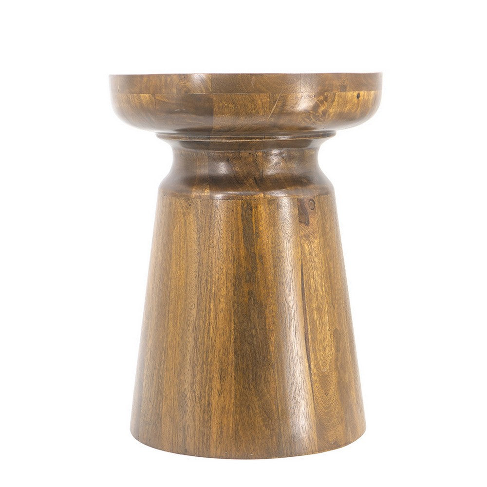 Benjara 18 Inch Side Accent Table, Round Mango Wood Top, Cone Base, Brown Finish