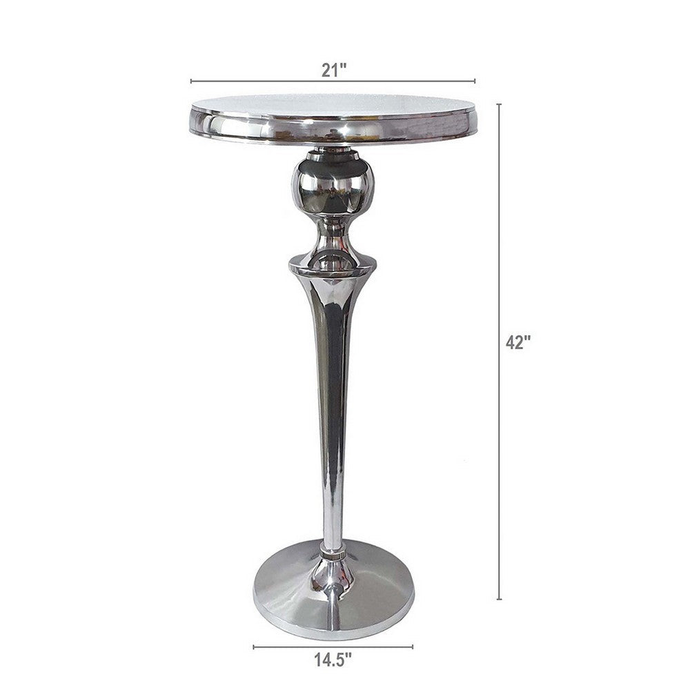 Benjara 42 Inch Bar Drink Table, Round Top, Slender Turned Support, Chrome Metal