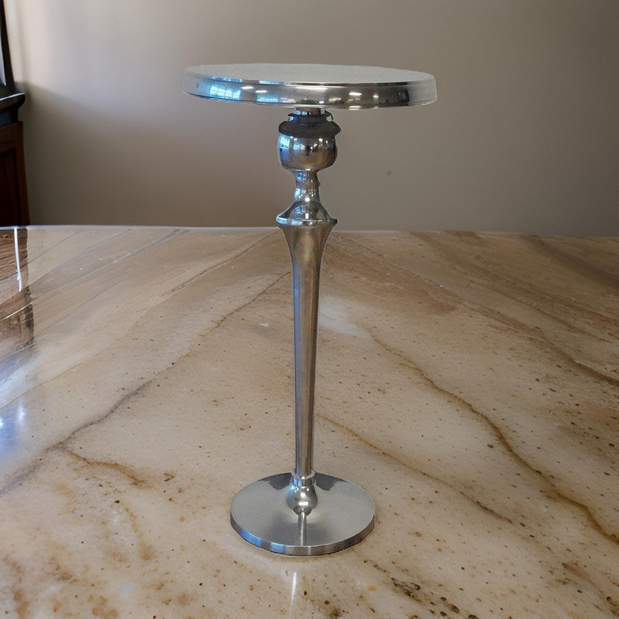 Benjara 42 Inch Bar Drink Table, Round Top, Slender Turned Support, Chrome Metal
