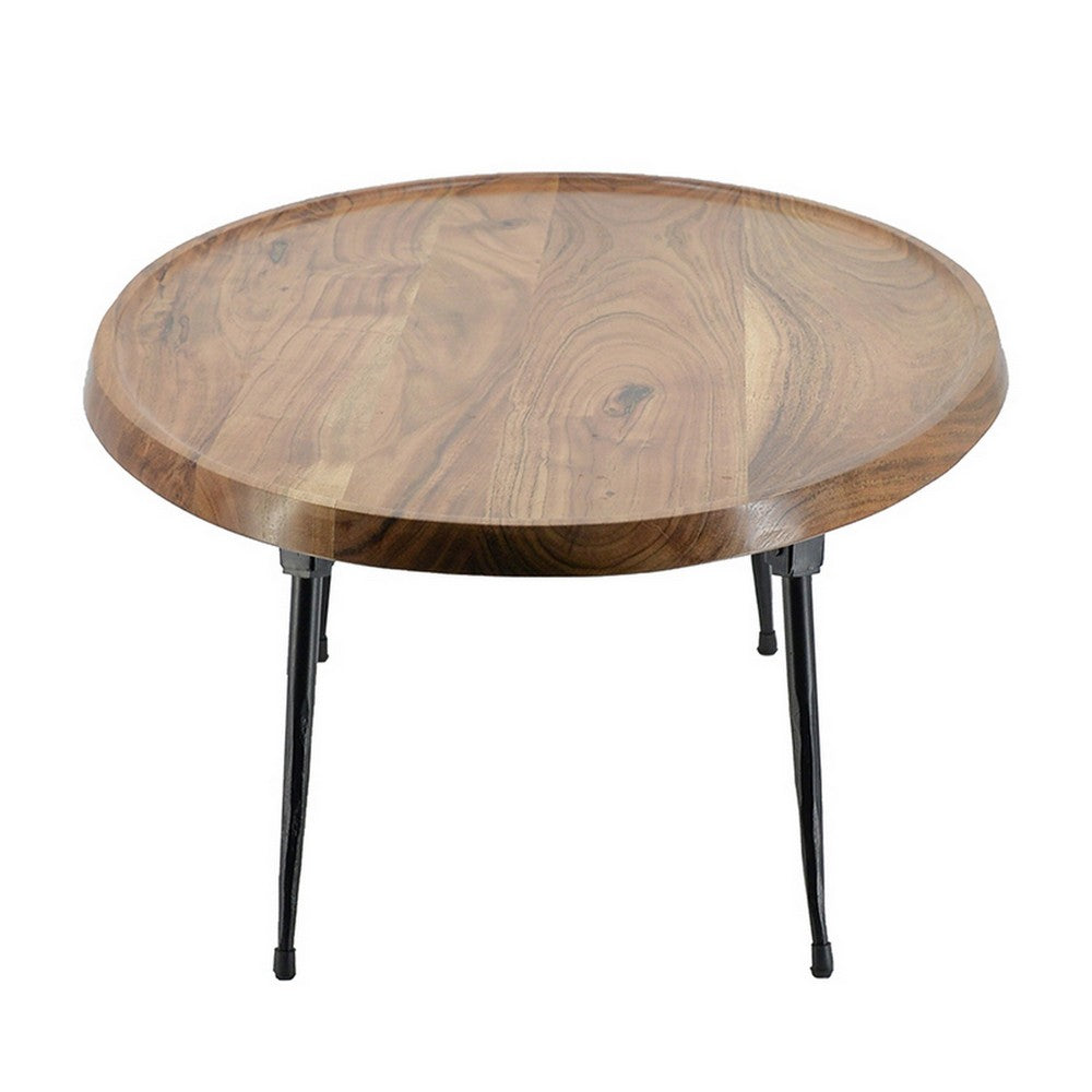 Benjara Aji 31 Inch Coffee Table, Oval Acacia Wood Top, Iron Legs, Brown And Black