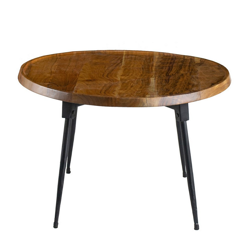 Benjara Aji 39 Inch Coffee Table, Oval Brown Wood Grain Acacia Wood Top, Metal Legs