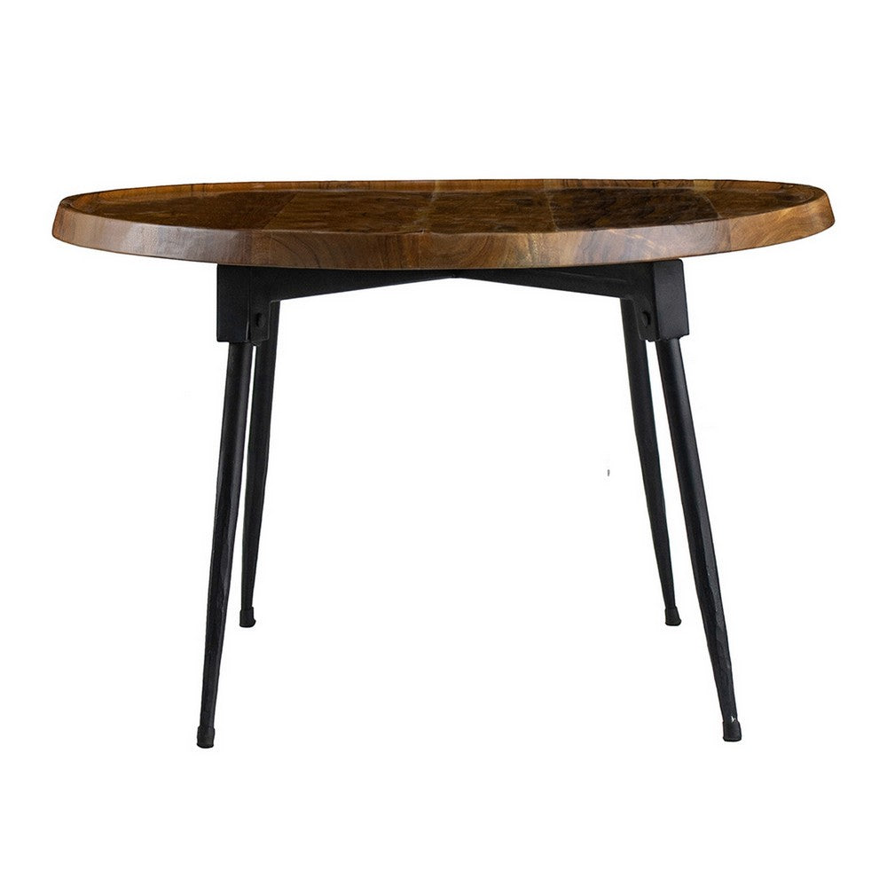 Benjara Aji 39 Inch Coffee Table, Oval Brown Wood Grain Acacia Wood Top, Metal Legs