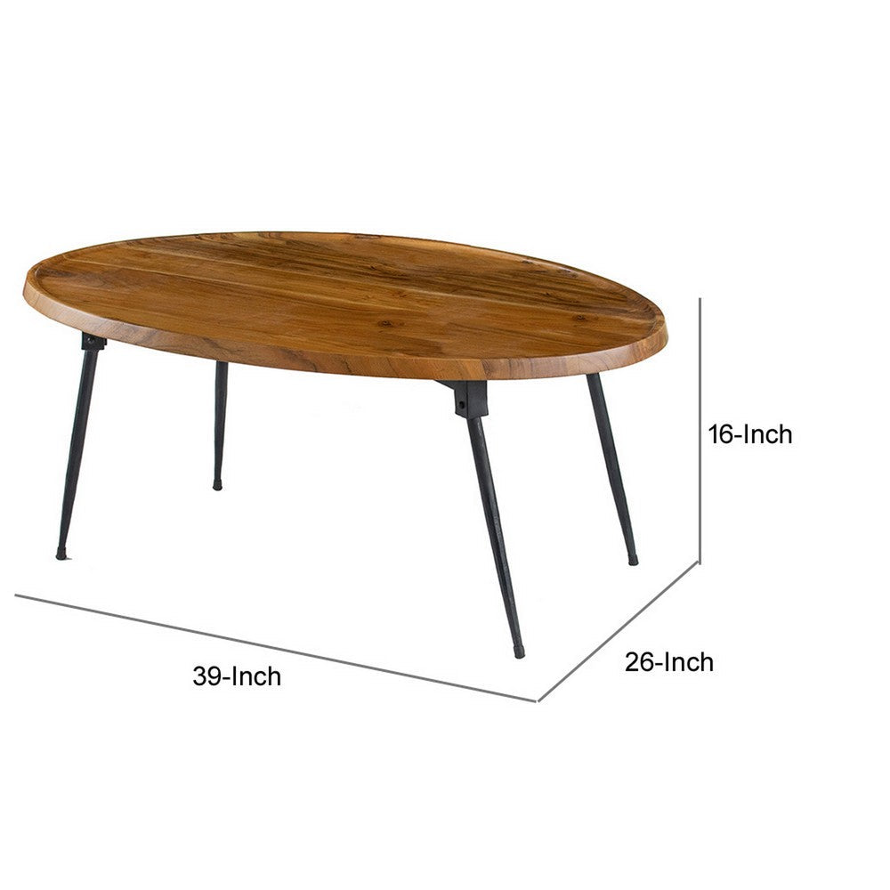 Benjara Aji 39 Inch Coffee Table, Oval Brown Wood Grain Acacia Wood Top, Metal Legs
