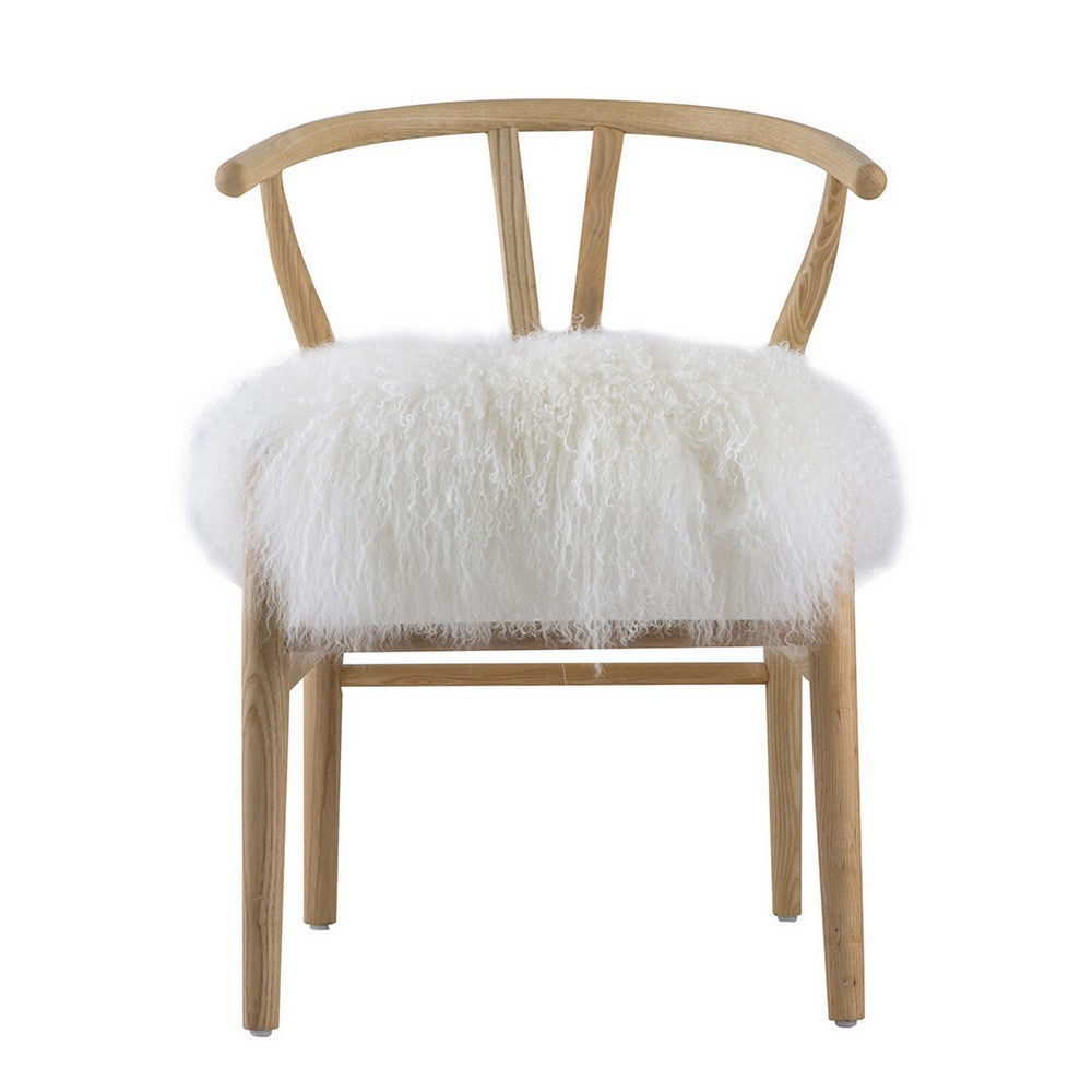 Benjara 44 Inch Accent Chair Set of 2, White Faux Fur, Wishbone, Beige Ash Wood