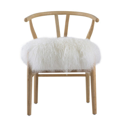 Benjara 44 Inch Accent Chair Set of 2, White Faux Fur, Wishbone, Beige Ash Wood