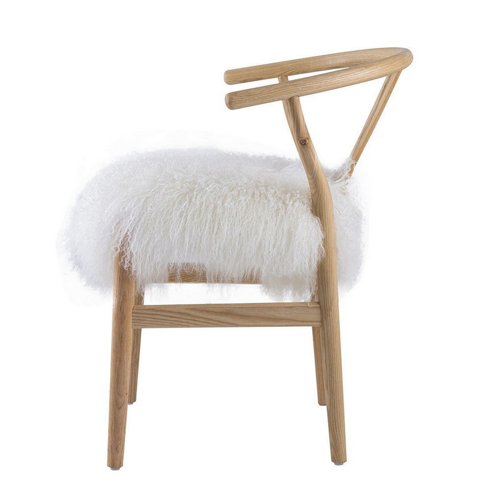 Benjara 44 Inch Accent Chair Set of 2, White Faux Fur, Wishbone, Beige Ash Wood