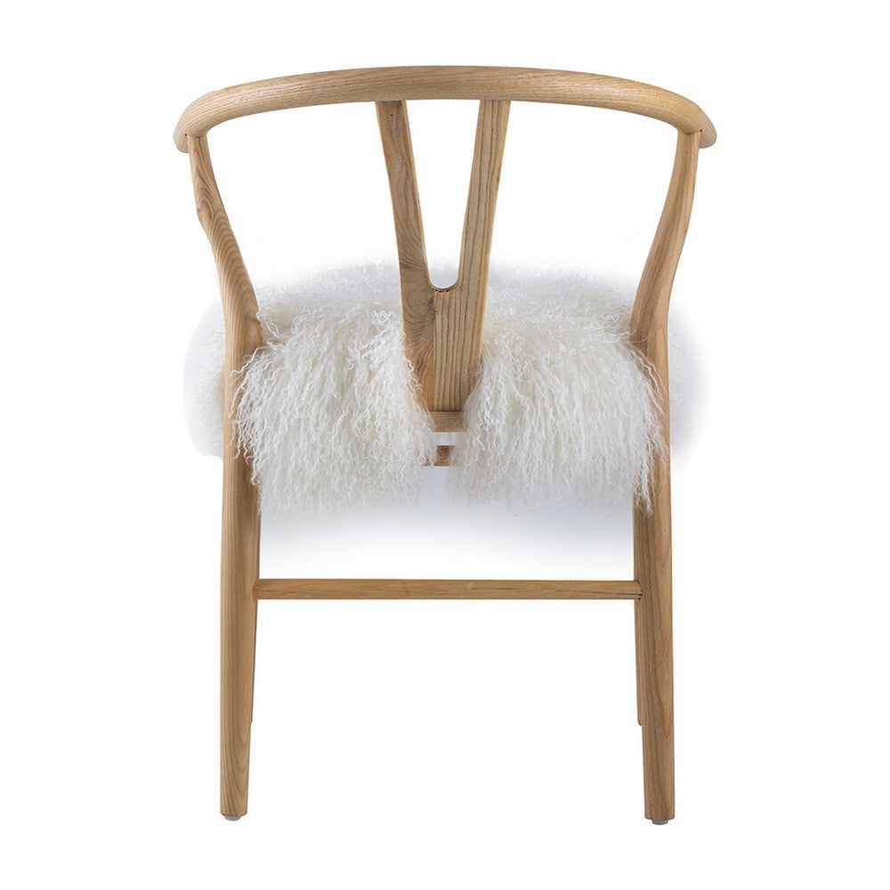 Benjara 44 Inch Accent Chair Set of 2, White Faux Fur, Wishbone, Beige Ash Wood