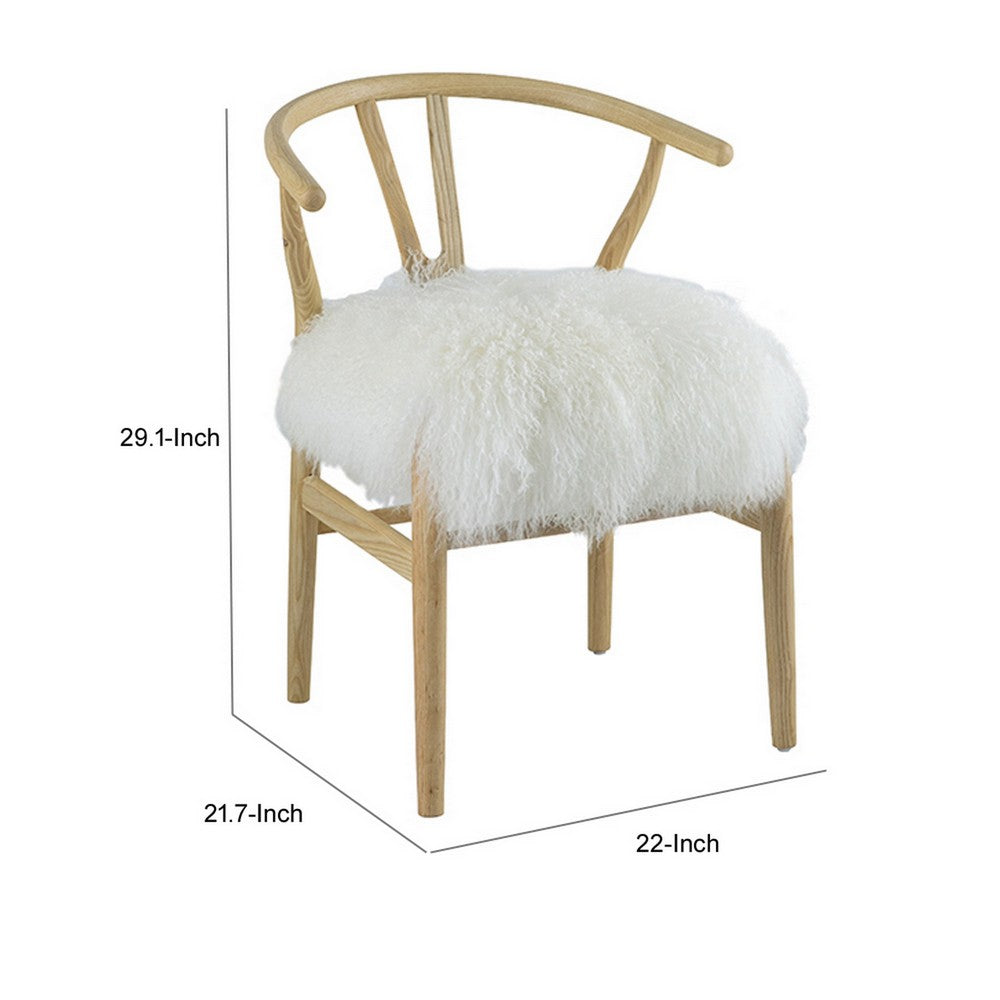 Benjara 44 Inch Accent Chair Set of 2, White Faux Fur, Wishbone, Beige Ash Wood